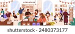 Diverse people choose books on bookshelves panorama. Customers make choice of novel, textbook to buy in bookstore. Library, literature store interior with reading buyers. Flat vector illustration