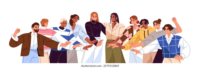 Diverse people in circle joint, support, put hands together. Happy group unites, teamworks, works in cooperation. Solidarity of community, team. Flat isolated vector illustration on white background