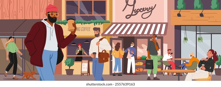 Diverse people citizen walking over city landscape with street of small business grocery store, coffee house, cafeteria and market facade building exteriors cartoon scene vector illustration