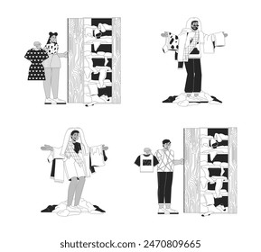 Diverse people with clothing black and white cartoon flat illustration set. Shopaholics cartoon outline characters isolated on white. Consumption monochrome scene vector outline image collection