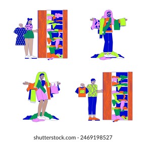 Diversas personas con la ropa de exceso de línea de dibujos animados conjunto de ilustración plana. Personajes 2D lineart aislados sobre fondo blanco. Colección de Imagen de color de Vector de escena de consumo excesivo