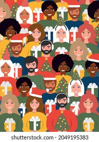 Diverse people with colourful gift boxes and Christmas tree vector illustration. Cartoon characters, flat style. Merry Christmas concept. 