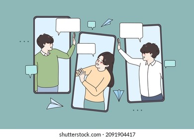 Diverse people communicate online on cellphone text message on internet. Happy teenager friends engaged in web communication on smartphone. Technology concept. Flat vector illustration. 