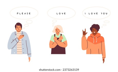 Diverse people communicating in sign language, flat vector illustration isolated on white background. Deaf mute people with speech bubbles gesturing words please, love and I love you.