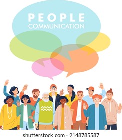 Diverse people communication with speech bubble and greeting gesture. Happy cheerful men and women. Group of different characters talk and waving hello. 