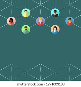 Diverse people connected by dotted lines. Business or social networking, communication, connection and diversity concept. Flat design with copy space.