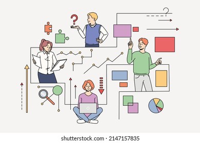 Diverse people connected in network looking for information or problem solution. Men and women employees cooperate for issue or trouble solving. Teamwork. Vector illustration. 