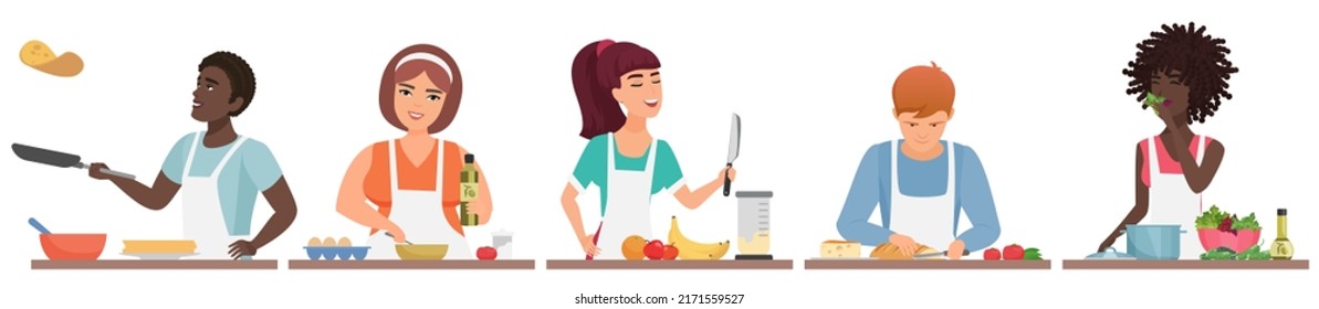 Diverse people cooking healthy food in kitchen set vector illustration. Cartoon woman and man in apron bake pancakes, cook salad or soup for family, cut bread isolated on white. Culinary concept svg