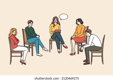 Diverse people at counseling session with female psychotherapist in office. Men and women at group psychological meeting with counselor or psychologist. Flat vector illustration. 