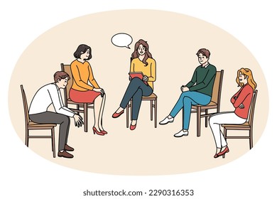 Diverse people at counseling session with female psychotherapist in office. Men and women at group psychological meeting with counselor or psychologist. Flat vector illustration.