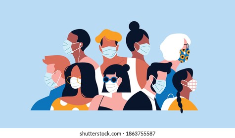 Diverse people crowd with face masks, Multi ehnic flat cartoon character group on isolated background for coronavirus pandemic lifestyle concept or health safety design. 