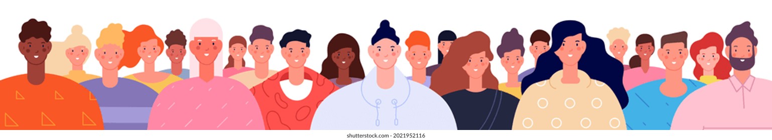 Diverse people crowd. Modern teenagers society, young hipsters and elderly. Adults social group together, happy multiethnic men utter vector scene