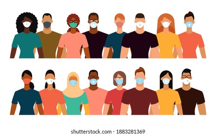 Diverse people crowd in protective face masks during the epidemic. Social distance, quarantine concept. Flat design vector illustration.