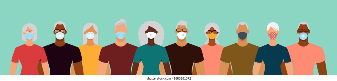 Diverse people crowd in protective face masks during the epidemic. Social distance, quarantine concept. Flat design vector illustration.