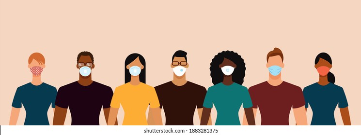 Diverse people crowd in protective face masks during the epidemic. Social distance, quarantine concept. Flat design vector illustration.