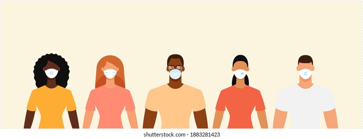 Diversas personas se amontonan con máscaras protectoras durante la epidemia. Distancia social, concepto de cuarentena. Ilustración vectorial de diseño plano.