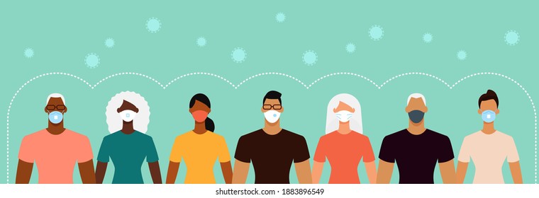 Verschiedene Menschen drängen sich während der Epidemie in Schutzmasken. Soziale Distanz, Quarantäne-Konzept. Flaches design, Vektorgrafik.