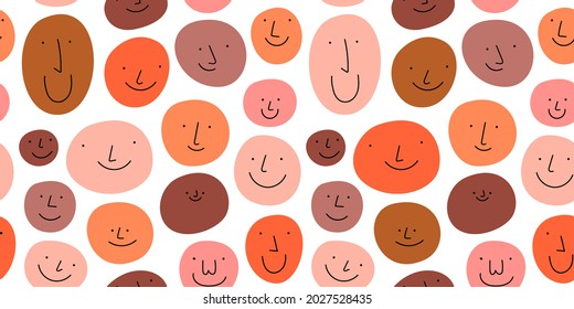 Diverse people crowd seamless pattern illustration. Multi ethnic cartoon character faces in funny children doodle style. Friendly community or diversity background concept.