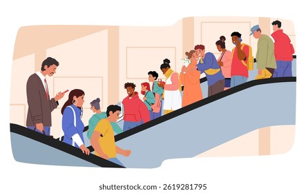 Diverse people crowd of shopping mall customers characters descending escalator cartoon scene. Students, businesspeople, loving couple, children, adults using automated staircase vector illustration