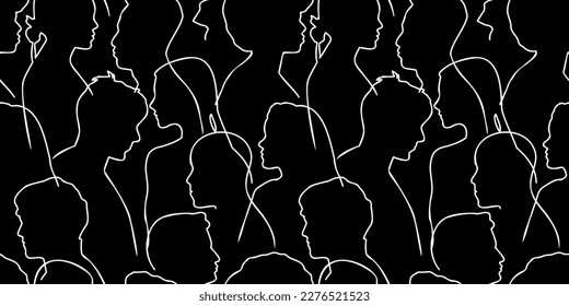 Diverse people crowd silhouette abstract art seamless pattern. Multi-ethnic community, cultural diversity group background drawing illustration in black and white.