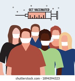 Diverse people crowd  in virus mask.Get vaccinated. Time to vaccinate.Coronavirus vaccine. Vector syringe with vaccine. Medical illustration. Covid-19