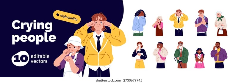 Diversas pessoas choram em conjunto. Personagens tristes enxugam lágrimas do rosto. Homens e mulheres jovens e velhos deprimidos, crianças estão chorando, soluçando. Emoções de tristeza e tristeza. Ilustrações vetoriais isoladas planas no branco