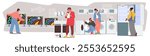 Diverse people customers cartoon characters shopping at electronics store. Man and woman buyers observing sale offer choosing digital goods making different gadget purchases vector illustration