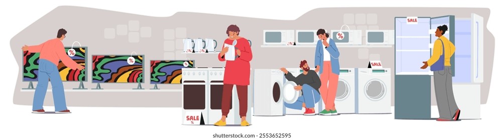 Diverse people customers cartoon characters shopping at electronics store. Man and woman buyers observing sale offer choosing digital goods making different gadget purchases vector illustration