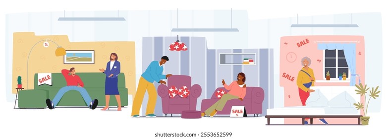 Diverse people customers cartoon male and female characters at furniture store isolated scene. Man and woman choosing furnishing for home design interior shopping with sales vector illustration
