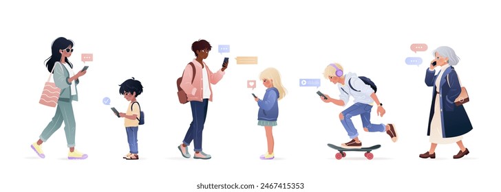Diverse people of different ages and ethnicities using smartphone, surfing internet, chatting. Men, women, kids, young adults and elderly woman holding gadgets. isolates vector illustrations on white.
