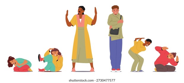 Diverse people of different ages with intense symptoms of panic attack isolated set. Cartoon characters showcasing universal nature of anxiety and mental health struggles vector illustration