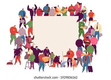 Diverse people of different ages, races, occupations standing together. Crowd holding and showing blank banner. Vector illustration for population, multicultural society, community, inclusion concept