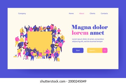 Diverse people of different ages, races, occupations standing together. Crowd holding and showing blank banner. Vector illustration for population, multicultural society, community, inclusion concept