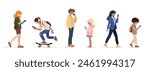 Diverse people of different ages using smartphone, surfing internet, chatting. Female and male characters, young adults and kids holding gadget, mobile phone, tablet. isolates vector illustrations.