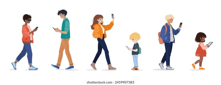 Diversas personas de diferentes edades usando teléfonos inteligentes, navegar por Internet, chatear. Personajes femeninos y masculinos, adultos jóvenes y niños sosteniendo gadget, teléfono móvil, tableta. aísla Ilustraciones vectoriales.