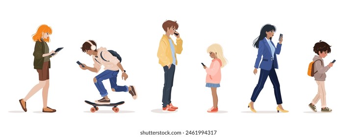 Diversas personas de diferentes edades usando teléfonos inteligentes, navegar por Internet, chatear. Personajes femeninos y masculinos, adultos jóvenes y niños sosteniendo gadget, teléfono móvil, tableta. aísla Ilustraciones vectoriales.