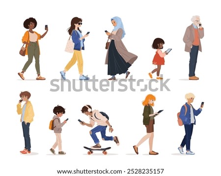 Diverse people of different ages using smartphone, surfing internet, chatting. Female and male characters, young adults and kids holding gadget, mobile phone, tablet. isolates vector illustrations.