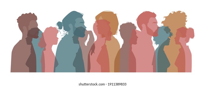 Diverse people from different countries, nationalities and cultures. Diversity of males and females. Silhouette profile portrait of citizen. Unity and society. Cartoon characters, vector in flat style