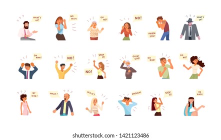 Diverse people with different emotions and dialog speech bubbles. Collage of mixed age range people expressing different emotions. Communication, teamwork and connection. Flat Art Vector illustration