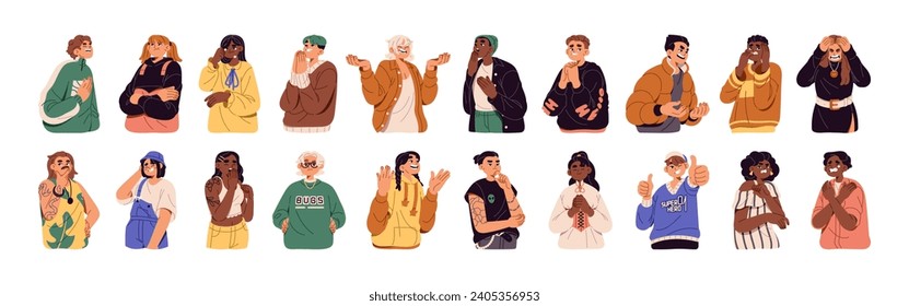 Diverse people with different emotions on face set. Funny characters with happy and sad facial expression. Various feelings gestures: laugh, crying, fear. Flat isolated vector illustration on white