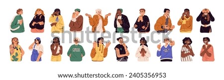 Diverse people with different emotions on face set. Funny characters with happy and sad facial expression. Various feelings gestures: laugh, crying, fear. Flat isolated vector illustration on white