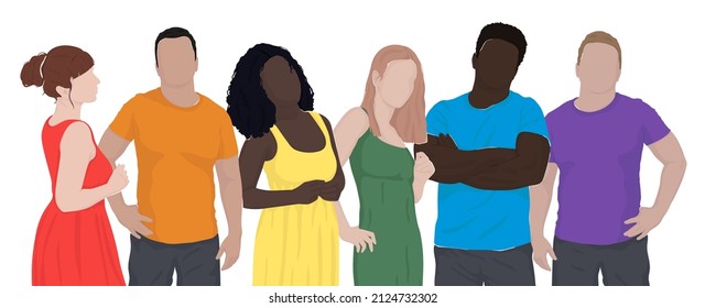 diverse people from different ethnic groups in rainbow-colored clothes. LGBT community. Human rights. LGBTQ+. Vector Flat illustration, pride month.