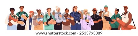 Diverse people of different professions row. Group of workers of various jobs, business occupation. Doctor, police, firefighter, programmer stand together. Flat isolated vector illustration on white