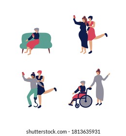 Diverse people of different races and different ages. Happy old men in a wheelchair with a girl. Black and white women help and spend time together. Social diversity. Flat vector illustration. Vector