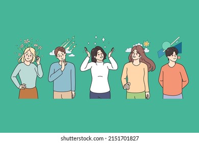 Diverse people with different thoughts and feelings in head. Men and women thinking, imagining and planning. Emotion and expressions in mind. Visualization. Vector illustration. 