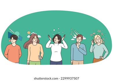 Diverse people with different thoughts and feelings in head. Men and women thinking, imagining and planning. Emotion and expressions in mind. Visualization. Vector illustration.