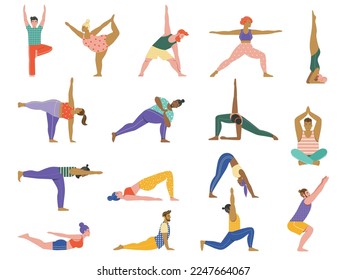 Diversas personas haciendo poses comunes de yoga. Hombres y mujeres de diferentes tipos de cuerpo y etnia practicando asanas populares. Caracteres haciendo ejercicios y estiramientos durante la aptitud.