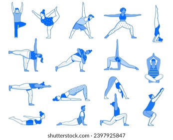 Diverse people doing common yoga poses line art set. Men and women of different body types and ethnic practicing popular asanas. Various characters doing exercises and stretching during fitness.