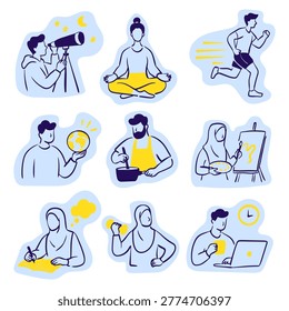 Diverse people doing different hobbies illustrations set