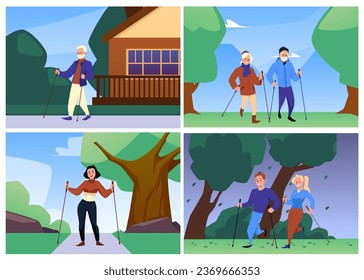 Diversas personas haciendo caminatas nórdicas, conjunto de escenas en estilo plano, ilustración vectorial. Personajes jóvenes y de edad avanzada caminando con palo o bastón. Conceptos de deporte y estilo de vida saludable.